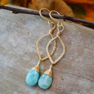 Larimar Hammered Leaf Hoops Gold