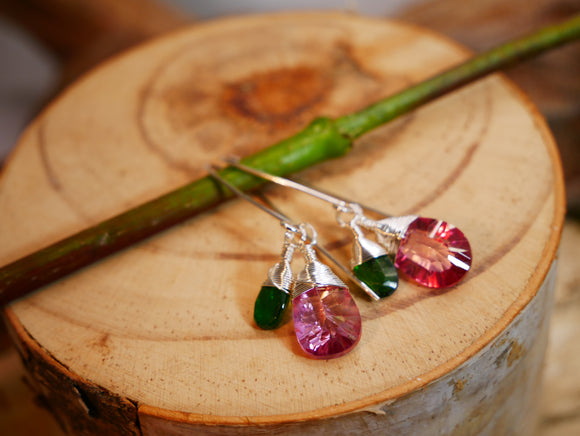 Pink Topaz and Chrome Diopside Drop Earrings Silver