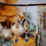 Citrine, Kyanite Hammered Leaf Hoops Silver and Rose Gold