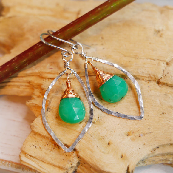 Chrysoprase Hammered Leaf Hoop Silver and Rose Gold