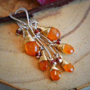 Orange Garnet, Tundra Sapphire Cascading Earrings Silver and Gold