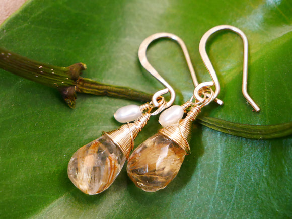 Golden Rutilated Quartz, Pearl Drop Earrings Gold