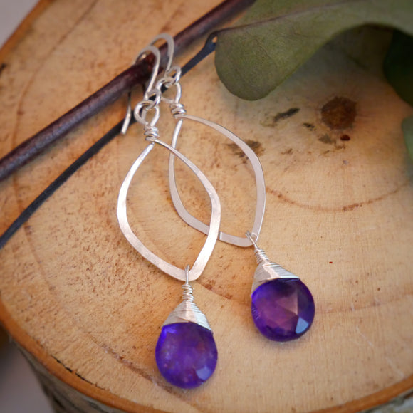 Amethyst Leaf Hoops Silver