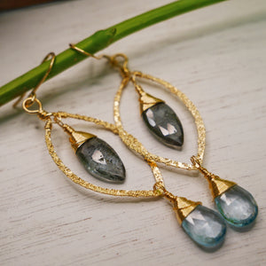 Moss Aquamarine, Topaz Hammered Leaf Hoop Gold