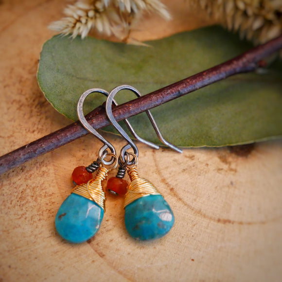 Turquoise, Carnelian Drop Earrings Silver and Gold