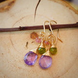 Amethyst, Peridot, Tourmaline Cascading Drop Earrings Gold