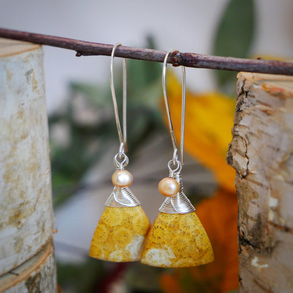 Fossilized Coral, Pearl Drop Earring Silver