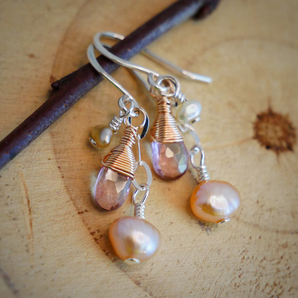 Topaz, Pearl Drop Earrings Silver and Rose Gold