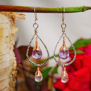 Pink Amethyst and Pink Tourmaline Hammered Hoops Silver and Rose Gold