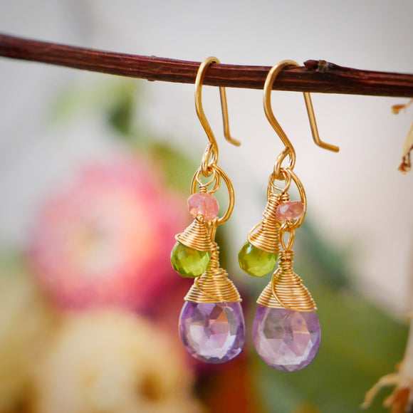 Amethyst, Peridot, Tourmaline Cascading Drop Earrings Gold