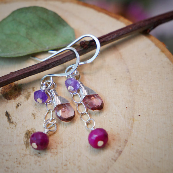 Pink Topaz, Amethyst, Ruby Chain Earrings Silver