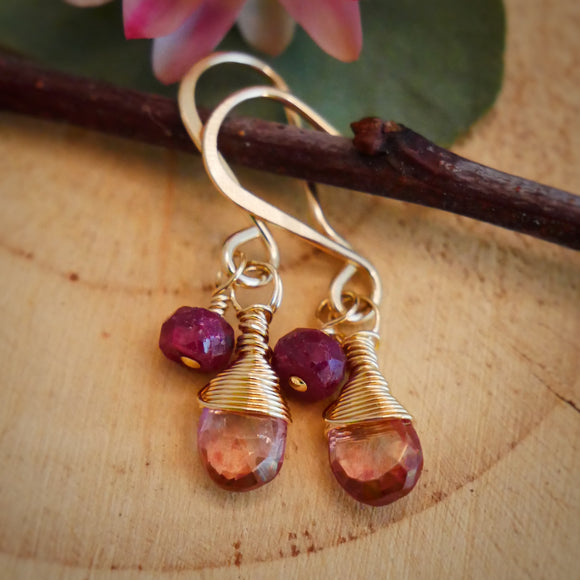 Topaz, Ruby Drop Earrings Gold