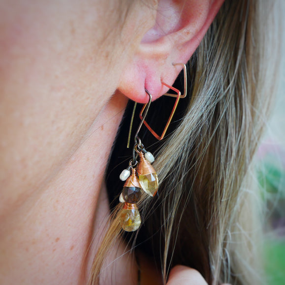 Citrine, Smokey Quartz, Rutilated Quartz and Pearl Cluster Earrings Silver and Rose Gold