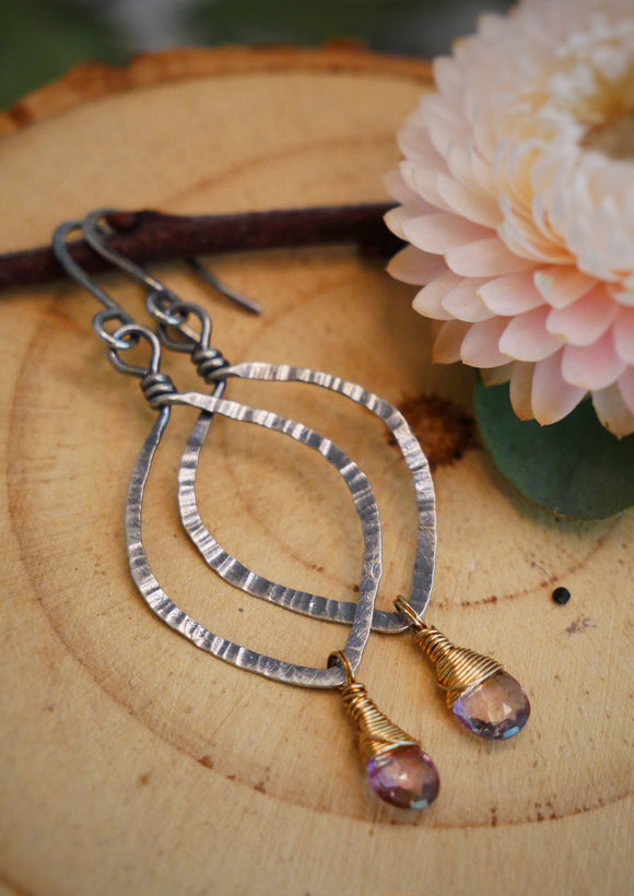 Topaz Hammered Leaf Hoops Silver and Gold