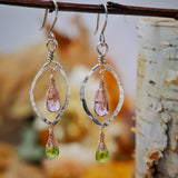 Pink Topaz, Peridot Hammered Leaf Hoops Silver and Rose Gold