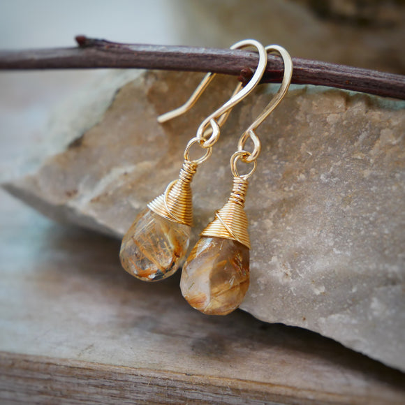 Golden Rutilated Quartz Drop Earring Gold