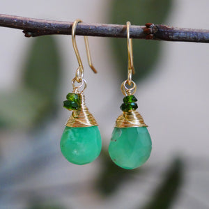 Chrysoprase and Chrome Diopside Drop Earrings Gold