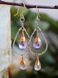 Pink Amethyst and Pink Tourmaline Hammered Hoops Silver and Rose Gold