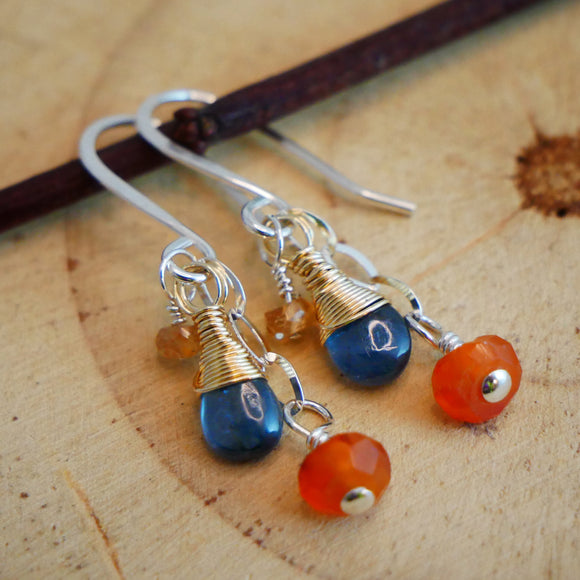 Kyanite, Carnelian, Sunstone Drop Earrings Silver and Gold