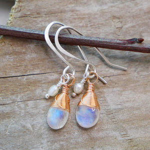 Moonstone, Akoya Pearl Drop Earrings Silver and Rose Gold