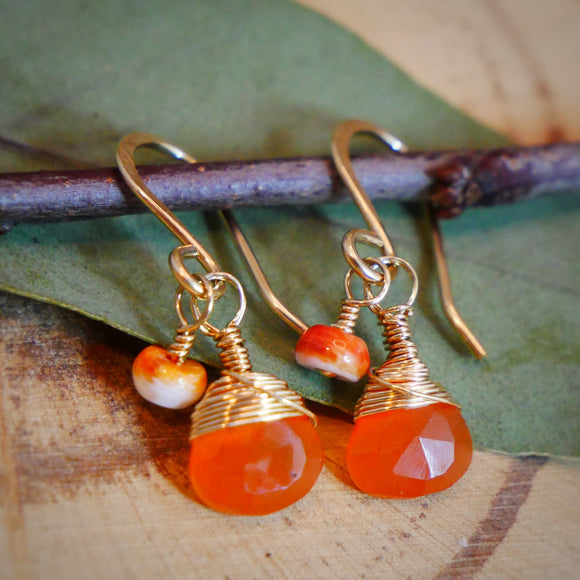 Carnelian, Spiny Oyster Drop Earrings Gold