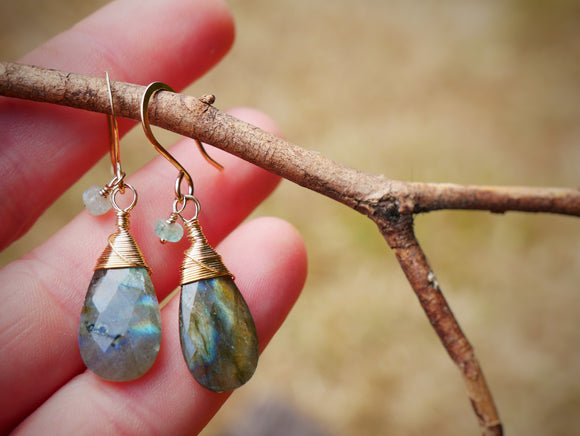 Labradorite, Emerald Drop Earrings Gold