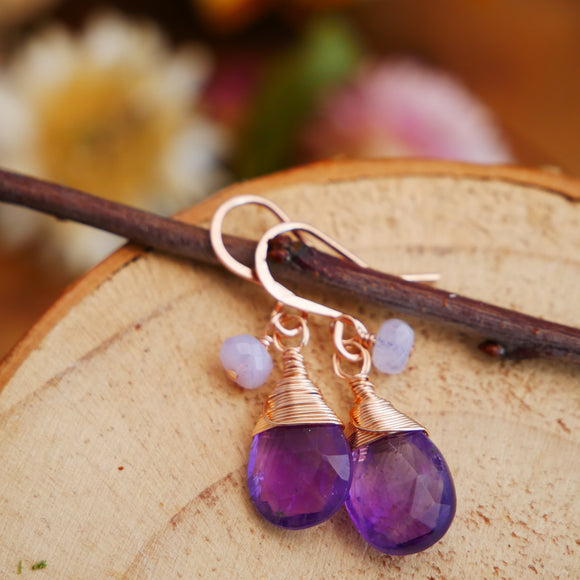 Amethyst Kunzite Drop Earrings Rose Gold