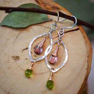 Pink Topaz, Peridot Hammered Leaf Hoops Silver and Rose Gold