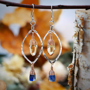 Citrine, Kyanite Hammered Leaf Hoops Silver and Rose Gold