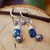 Kyanite, Freshwater Pearl Cascading Drop Earrings Silver