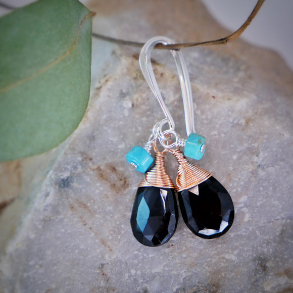 Onyx, Turquoise Drop Earrings Silver and Rose Gold