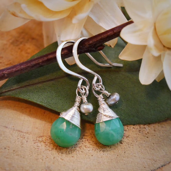 Chrysoprase, Pearl Drop Earring Silver