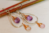 Pink Amethyst and Pink Tourmaline Hammered Hoops Silver and Rose Gold