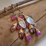 Moonstone, Garnet, Pink Sapphire, Topaz Cluster Earrings Silver and Rose Gold