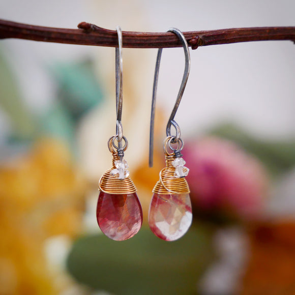 Andesine, Herkimer Diamond Drop Earrings Silver and Gold