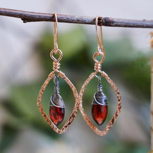 Garnet Hammered Leaf Hoops Silver and Rose Gold