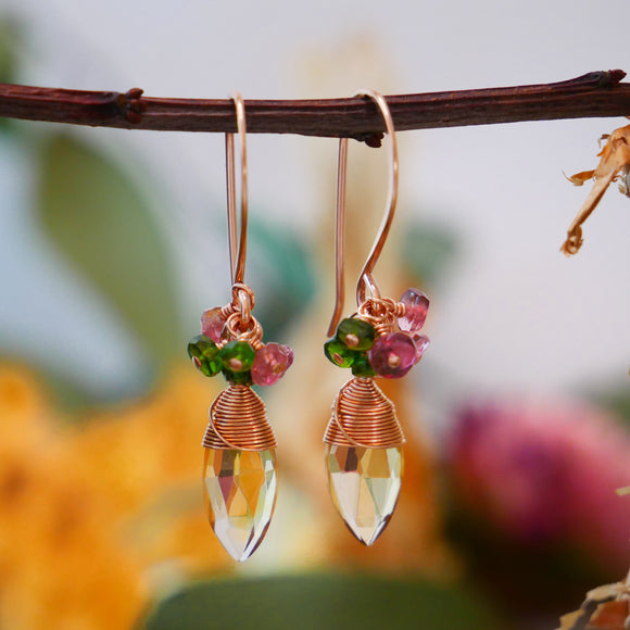 Citrine, Pink and Green Tourmaline Cluster Earring Rose Gold