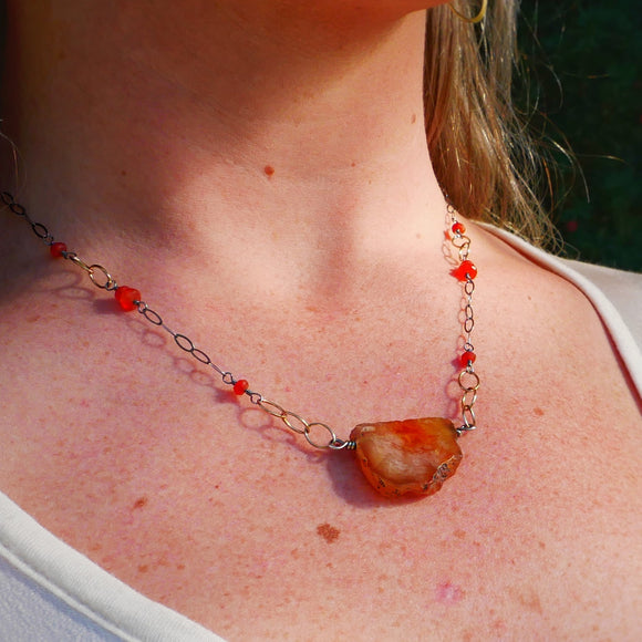 Agate, Carnelian Statement Necklace Silver and Gold