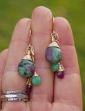 Ruby Zoisite, Chrysoprase and Ruby Cluster Earrings Gold