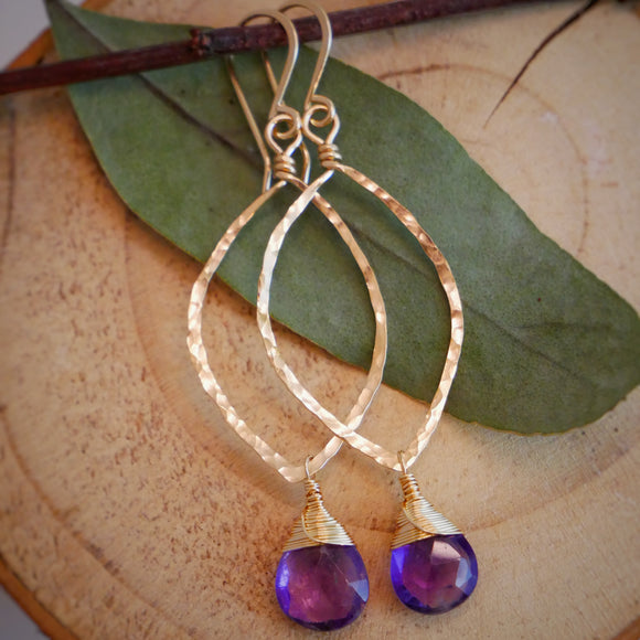 Amethyst Hammered Leaf Hoop Gold