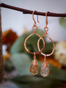 Rutilated Quartz Hammered Hoops Rose Gold