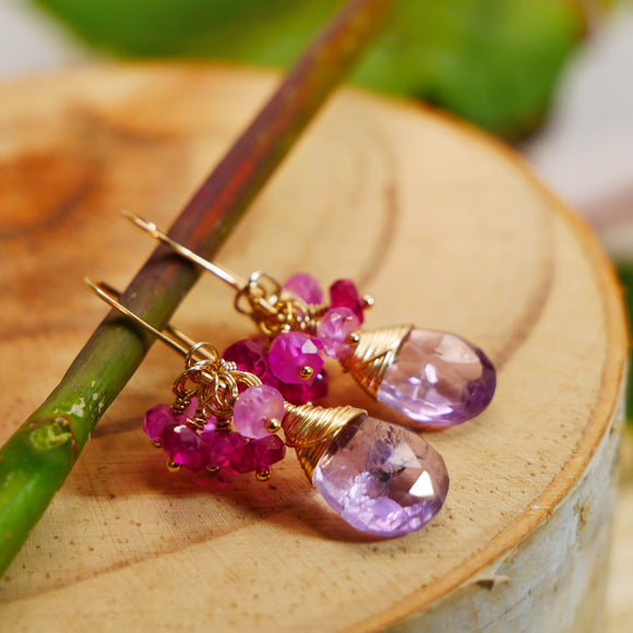 Pink Amethyst and Pink Tourmaline Cluster Earrings Gold