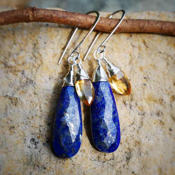 Lapis, Citrine Drop Earrings Silver