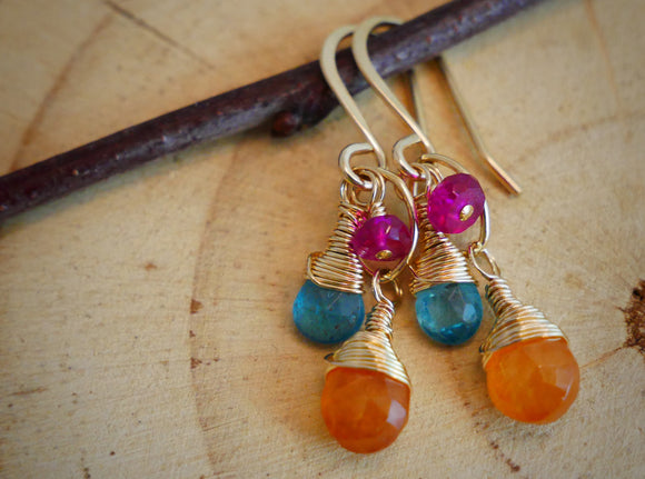 Kyanite, Orange Garnet, Pink Tourmaline Drop Earrings Gold