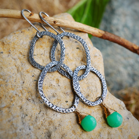 Chrysoprase Abstract Hammered Link Hoops Silver and Gold