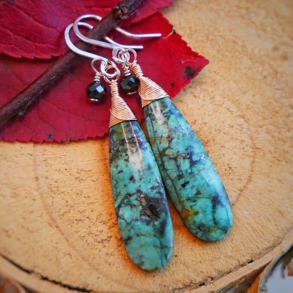 African Turquoise, Onyx Drop Earrings Silver and Rose Gold