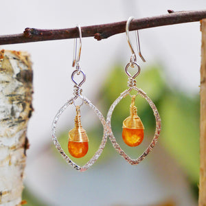 Orange Garnet Hammered Leaf Hoops Silver and Gold