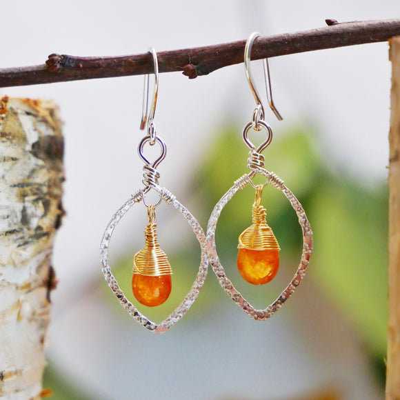 Orange Garnet Hammered Leaf Hoops Silver and Gold