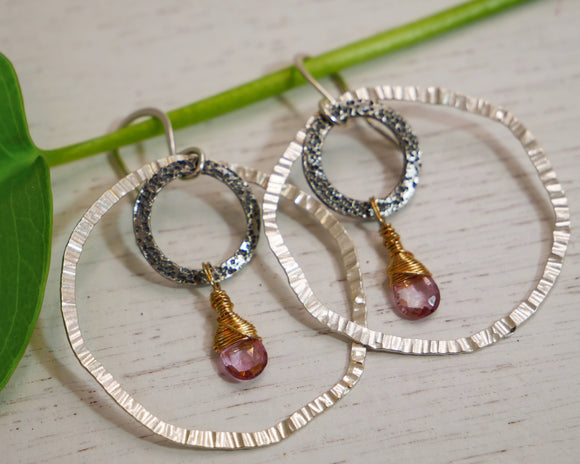 Topaz Double Hammered Hoops Silver and Gold